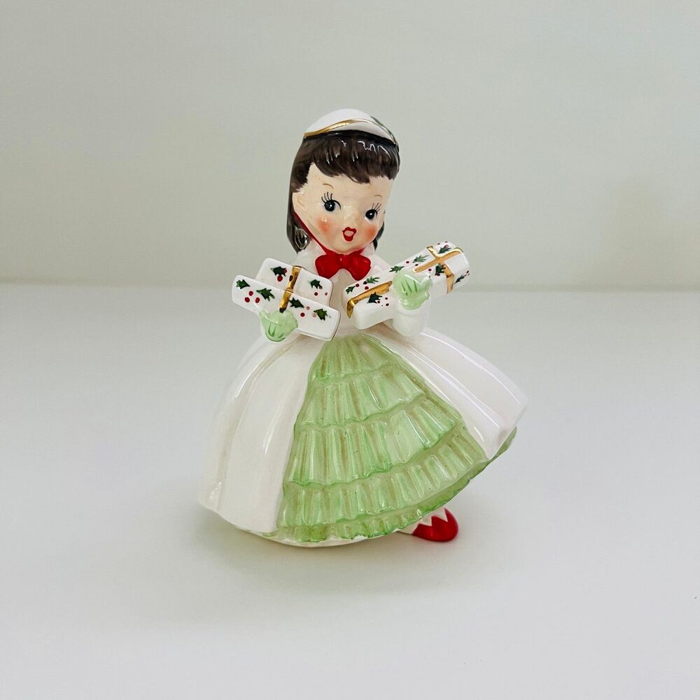 NAPCO 1957 Christmas White Dress Hat & Bow Shopper Girl Planter Figurine W Gifts